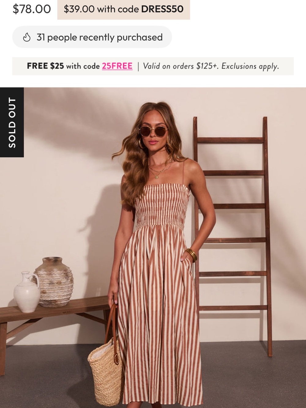Vici Striped Smocked Maxi Dress in Cream and Brown